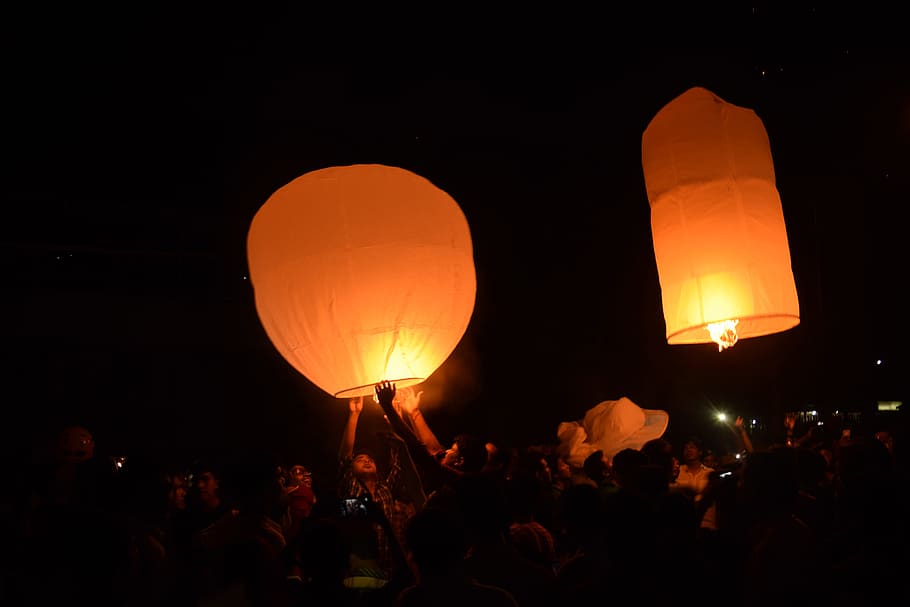 Sky Lanterns, Sky Lantern, lantern, buddhism, tradition, night, people, event, thailand, crowd