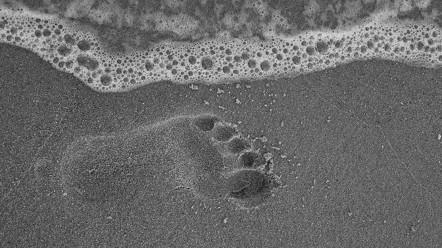 footprint in seashore, sand, footprint, water, beach, coast, vacation, footstep, seaside, wave