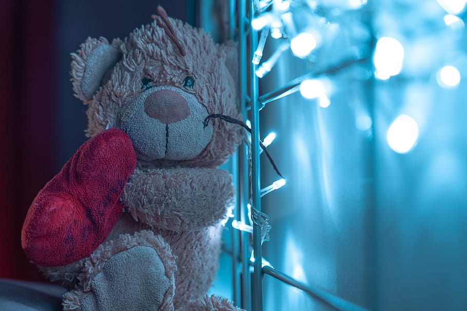 love, teddy bear, heart, lights, focus on foreground, close-up, stuffed toy, illuminated, representation, toy