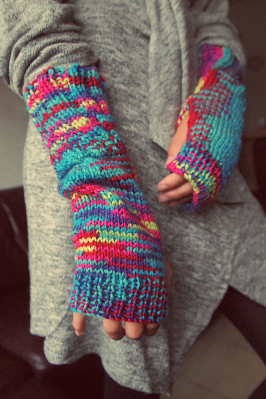 gloves, fingers, knitting, winter, wool, mixed, coloured, sweater, people, human Hand
