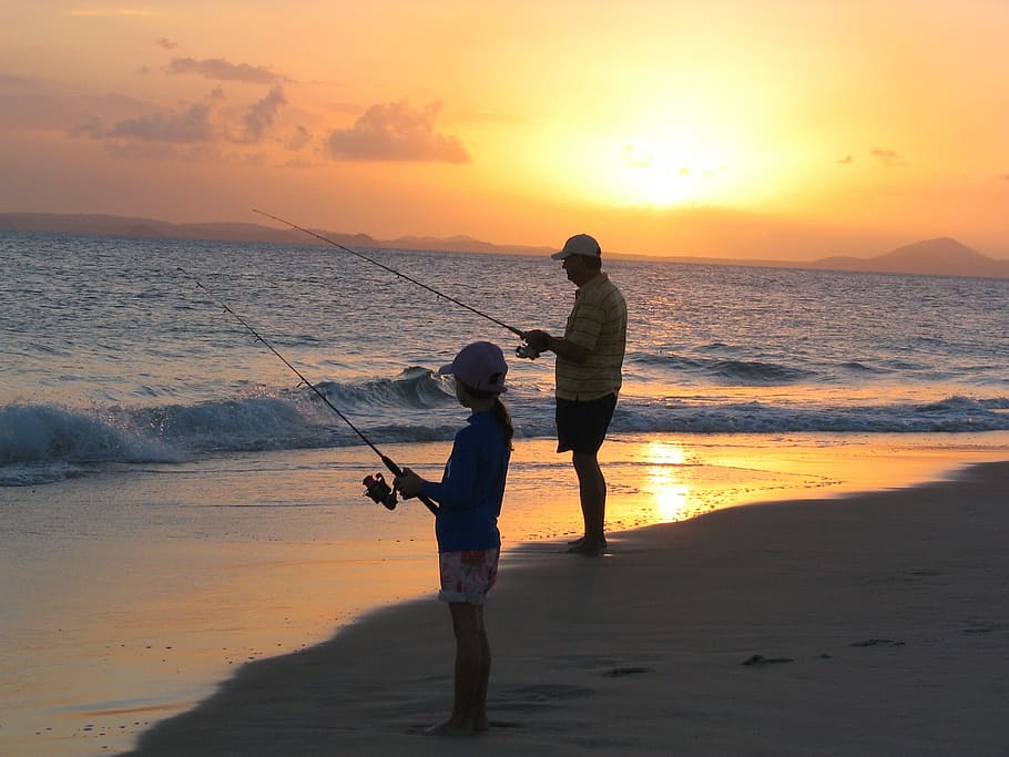 boy, man fishing, seashore, fishing, father, daughter, sunset, great keppel island, patience, fishing rod
