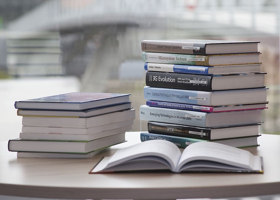 one, open, book, pile, books, white, table, stack, learn, knowledge
