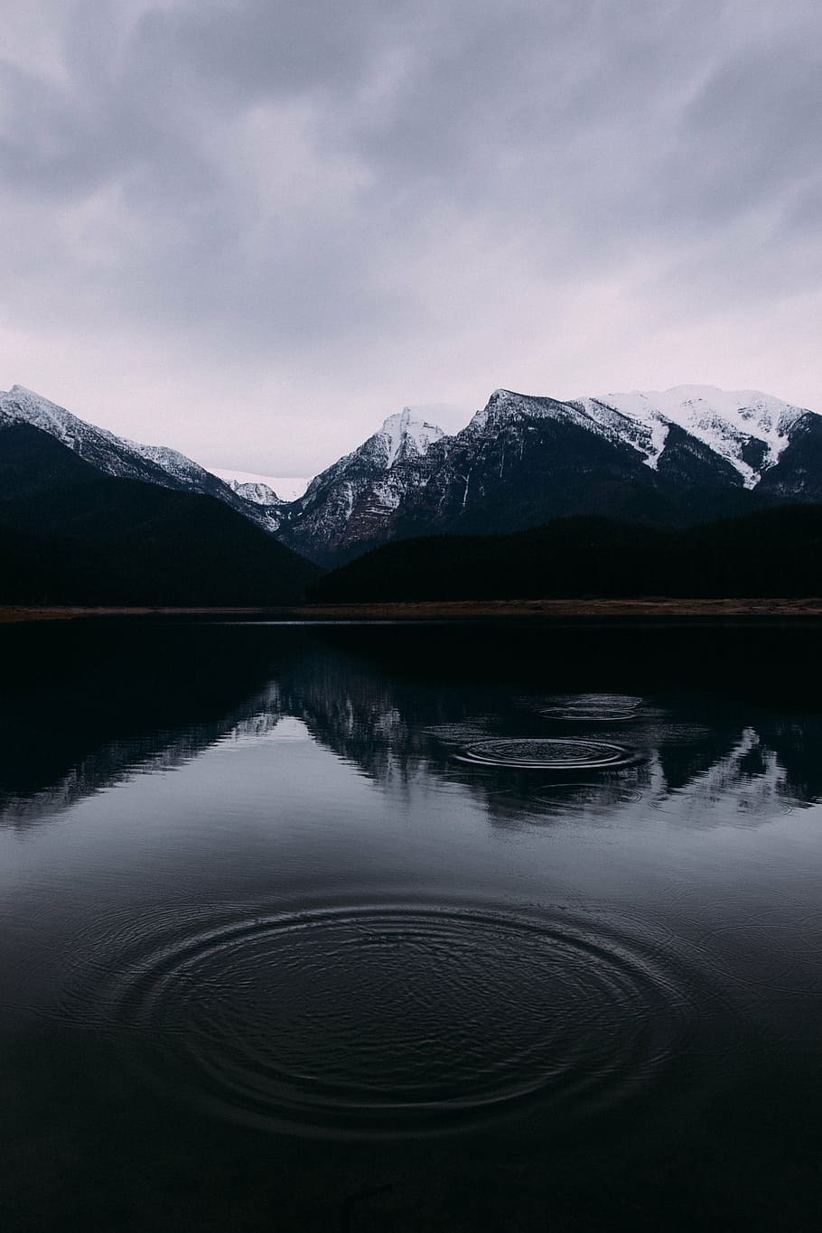 calm, body, water, mountain, covered, snow, daytime, three, ripples, snowy