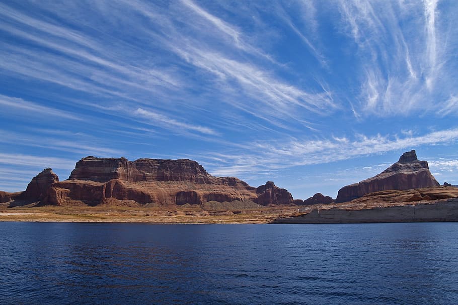 mountain, body, water, lake powell, page, arizona, usa, outdoor, activity, clouds