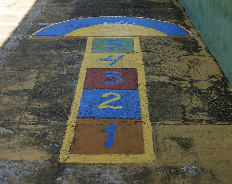 hopscotch, joke, child, floor, ground, blue, high angle view, communication, number, sign