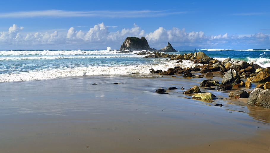 Mangawhai Heads, NZ, corpo de água, rochas, agua, mar, terra, praia, Rocha, céu