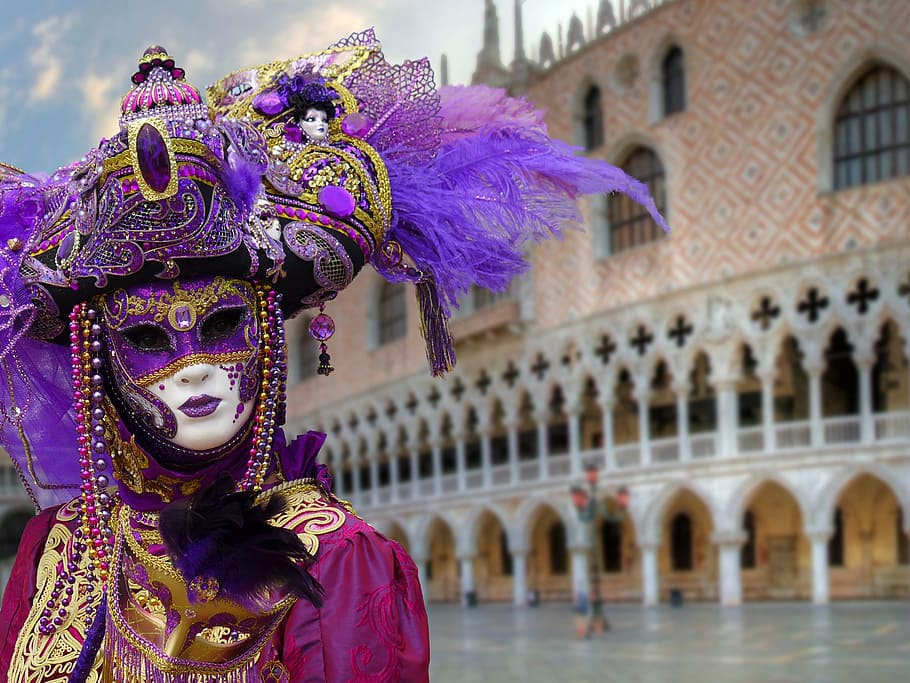 person, wearing, purple, masquerade mask, masks, mask of venice, carnival venice, venice, mask - disguise, venetian mask