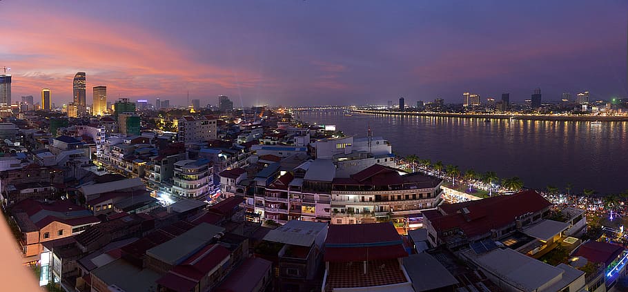 phnom penh, camboya, panorama, puesta de sol, ribera, río, aéreo, asia, tarde, luz