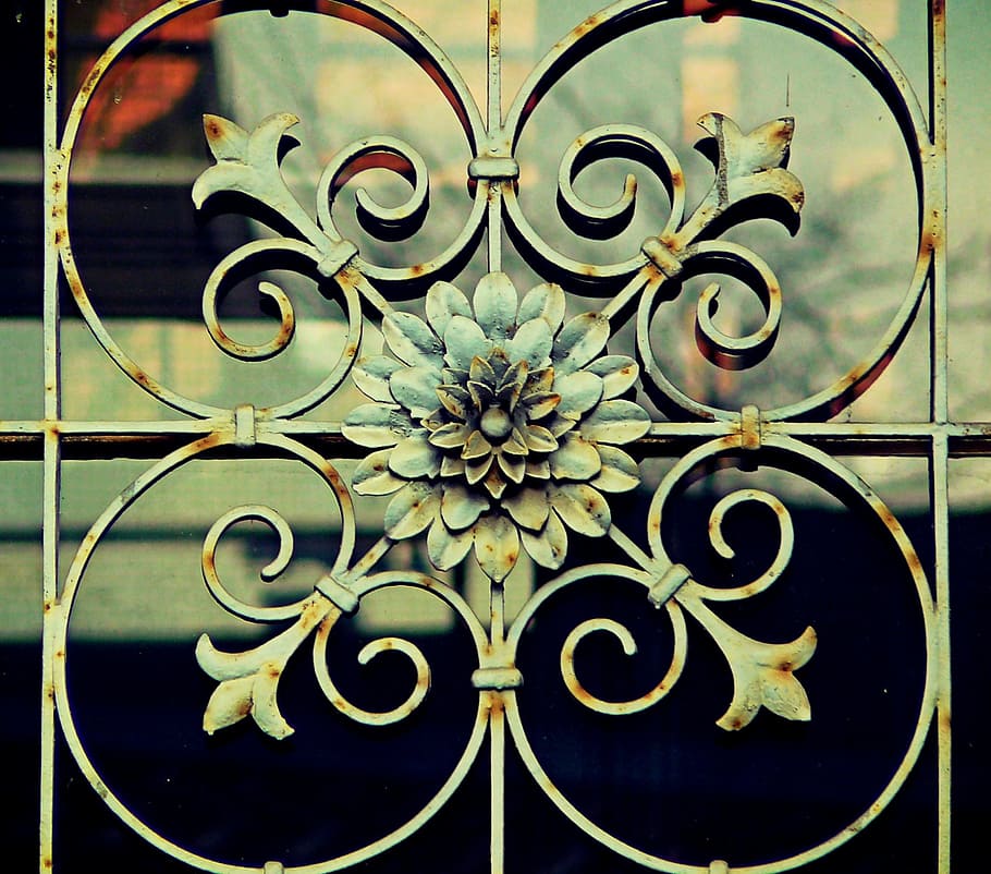 white, brown, metal railing, Ornament, Rosette, Fence, Metal, metal fence, goal, door