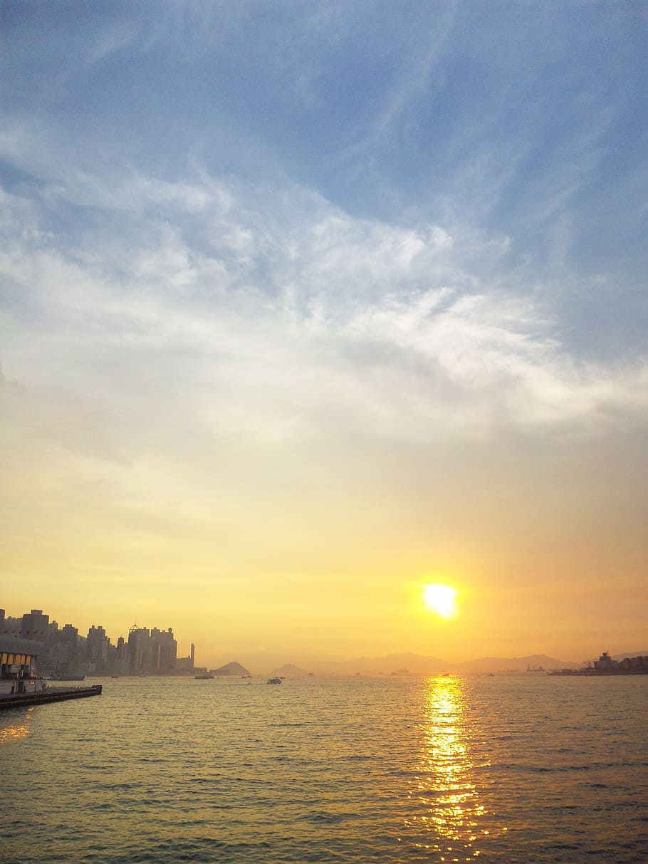 hongkong, sky, victoria, harbor, sunset, sun, ocean, water, cloud - sky, architecture