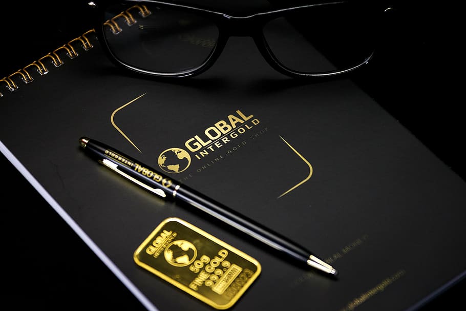 preto, clique em caneta, livro intergold, caderno, caneta, óculos, ouro, adesivo, logotipo, escritório