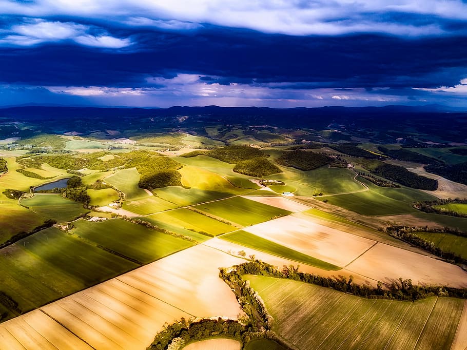 aerial, view photography, rice field, italy, fields, meadow, landscape, scenic, sky, clouds