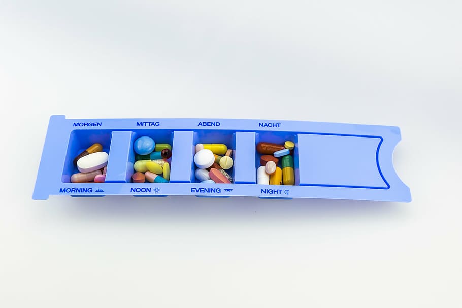 blue, medication pill organizer, drug pusher, tablets, medical, pharmacy, capsule, pill, bless you, vitamin