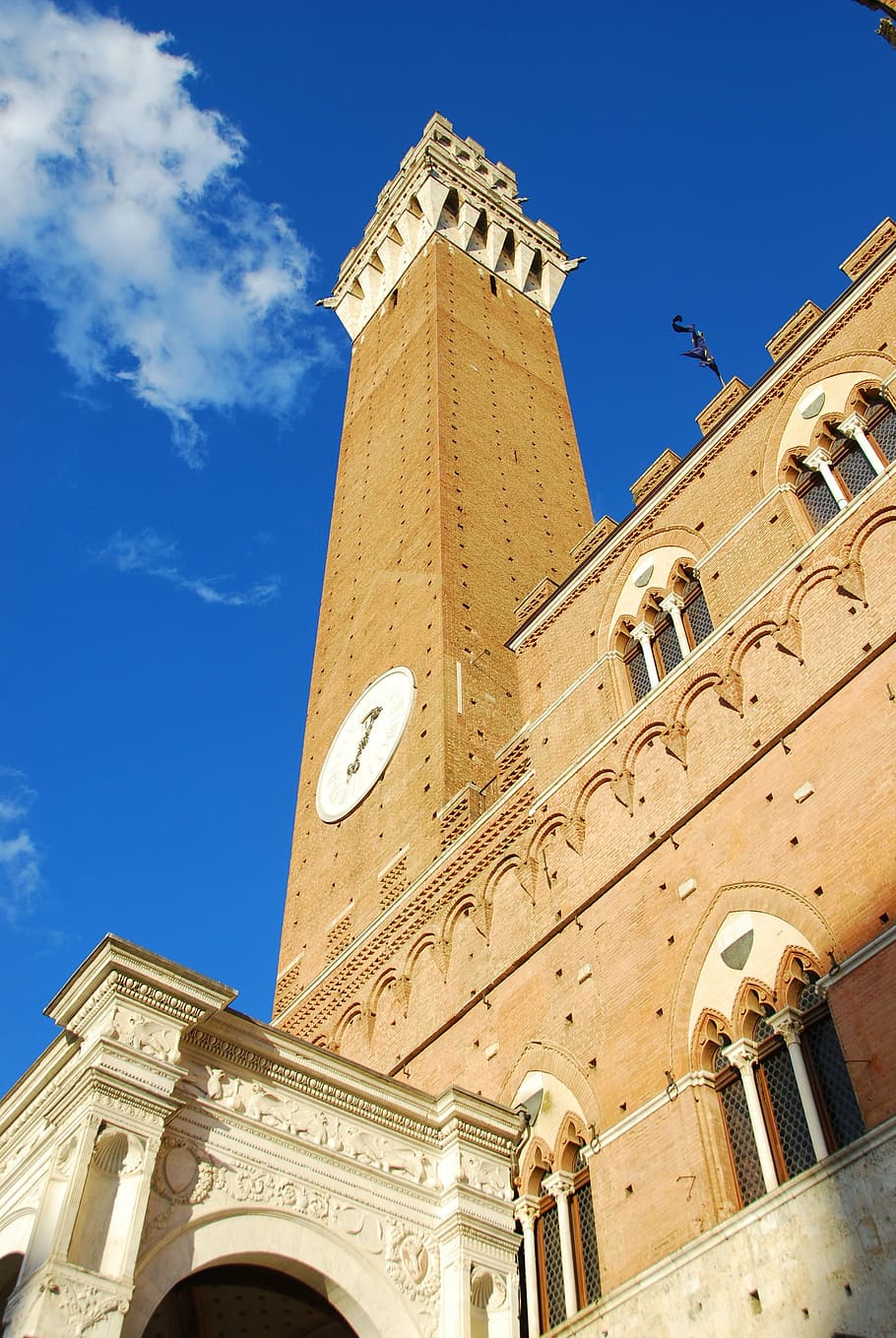 siena, square of the field, tower eats, torre, tuscany, italy, sky, blue, clouds, sun
