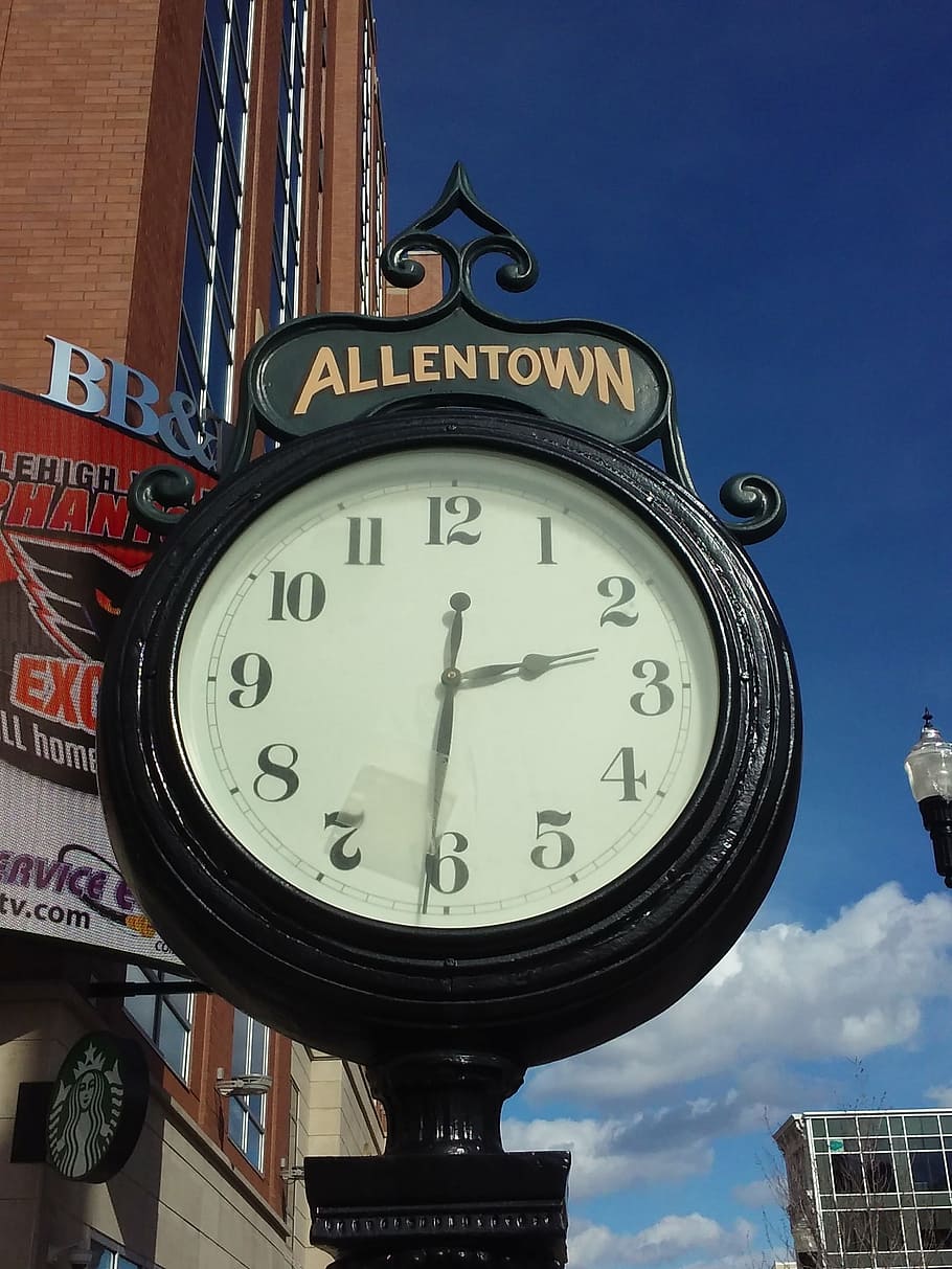 clock, allentown, center city, urban, time, streetview, chronograph, analog, pennsylvania, united states
