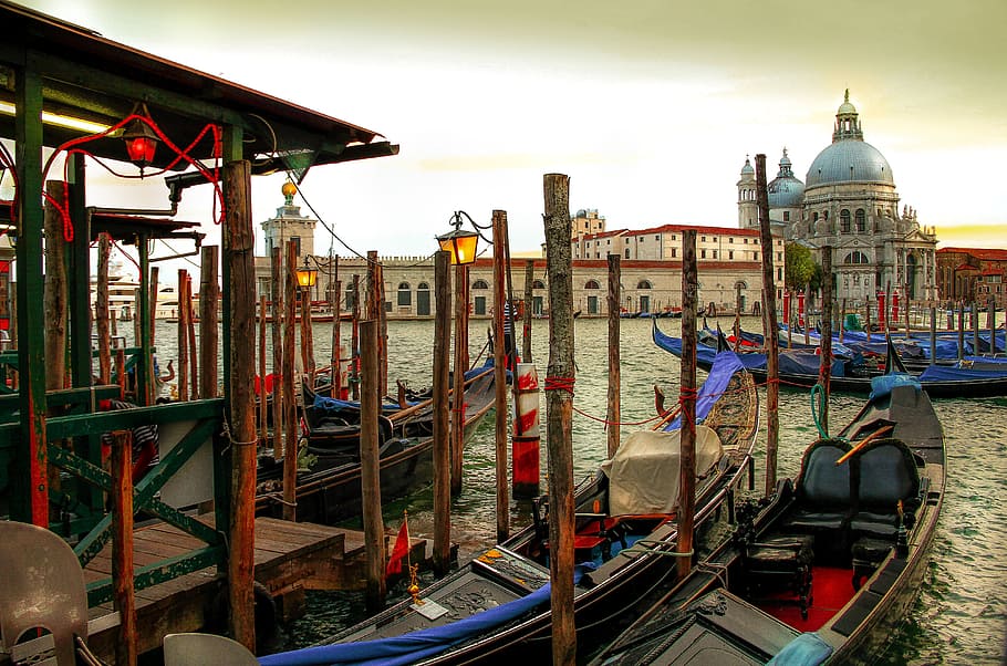 The Entrance, Grand Canal, Venice, two, boats, dock, nautical vessel, water, built structure, architecture