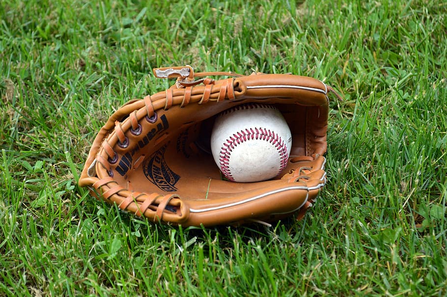 baseball, sarung tangan baseball, hijau, rumput, sarung tangan, bola, olahraga, kulit, bermain, peralatan