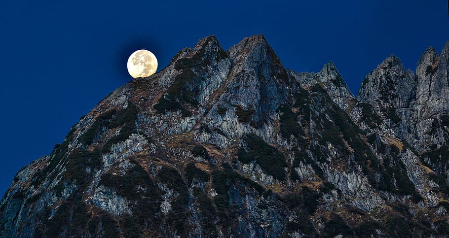 mountain, full, moon, mountainous landscape, full moon, 剣岳, northern alps, japan, nature, mountain Peak