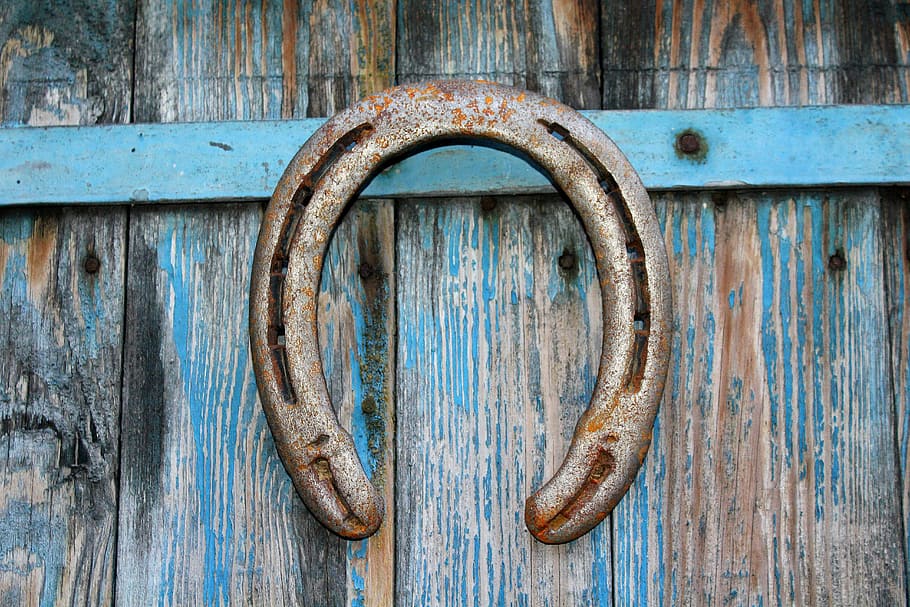 gray, steel horse shoe, mounted, wall, horseshoe, symbol, talisman, fortunately, the success of the, rust
