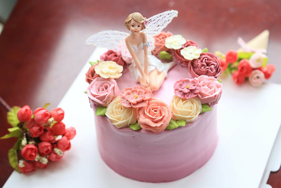 pink, icing, covered, cake, table, fairy, figurine, decorating the cake, sweet, cream