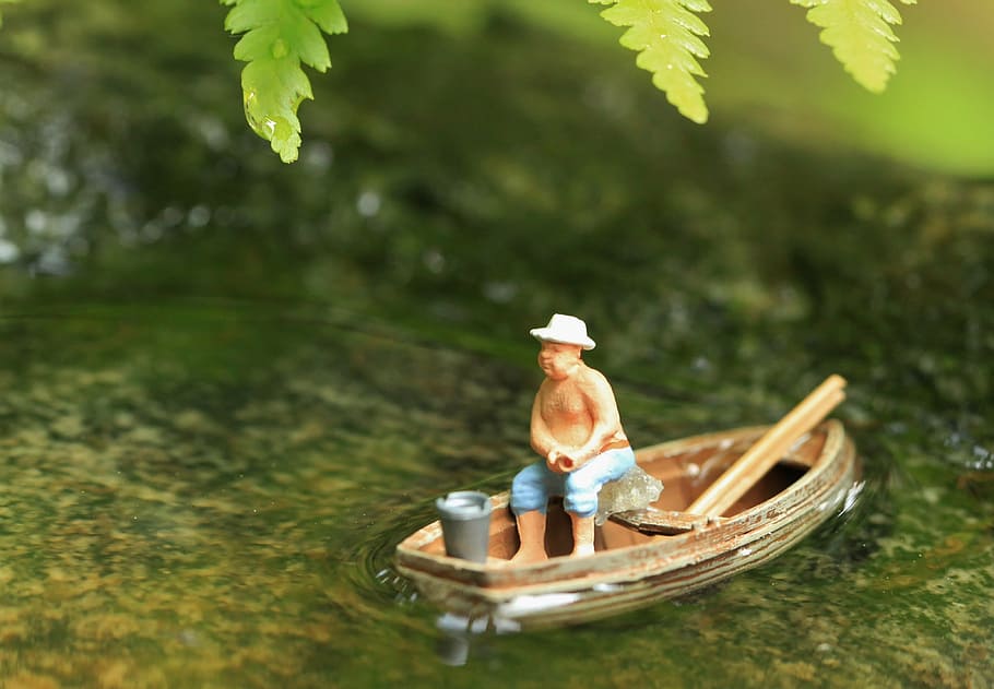 boot, water, pond, angler, miniature, mini, small, figure, sculpture, model