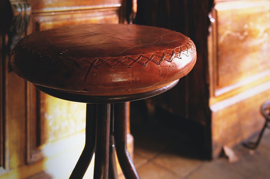 brown, leather stool, black, steel base, bar, chair, leather, leather bar chair, old, old bar