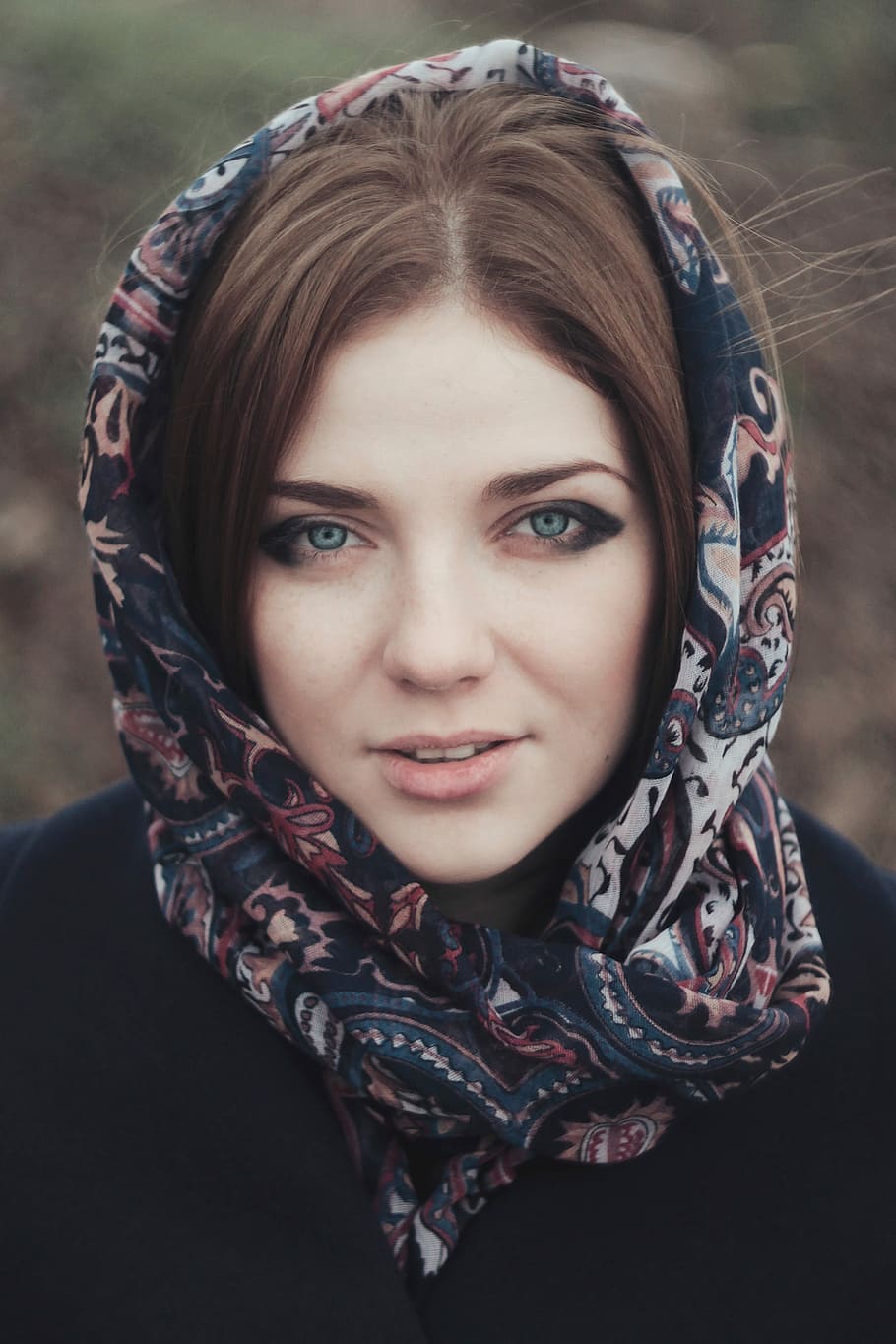 woman, blue, white, red, floral, scarf, woman in blue, women, people, outdoors