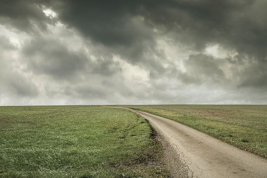 pathway, green, grasses, daytime, landscape, open, road, stormy sky, dom, cloud - sky