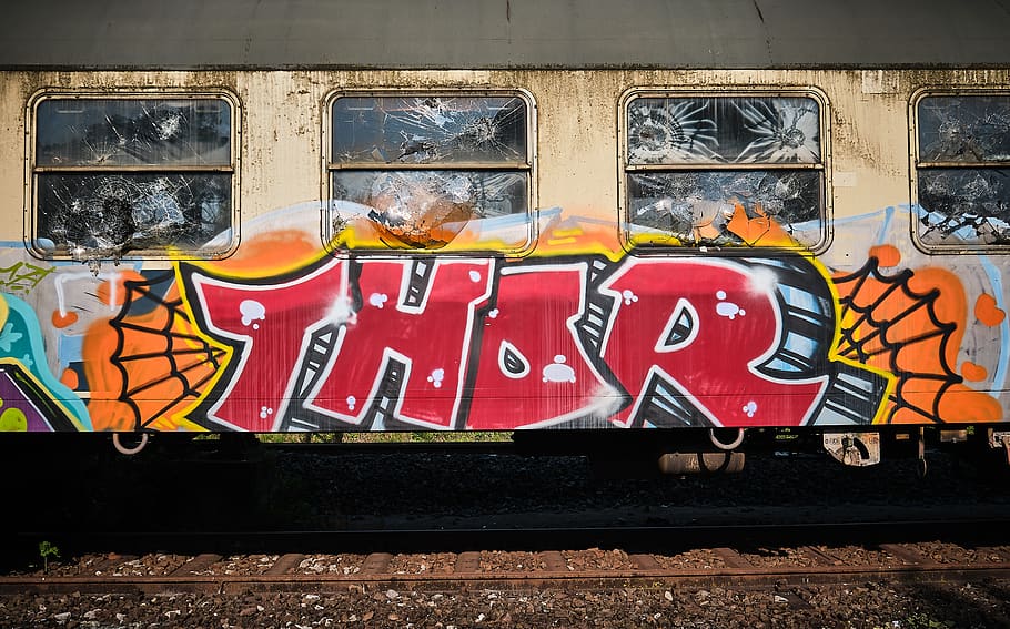 graffiti, thor, ventana, fragmento, roto, reto, ferrocarril, antiguo, vagón, tren