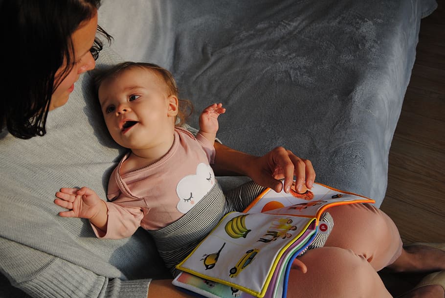 woman reading book, baby, child, little thing, childhood, a small child, family, booklet, the little girl, daughter