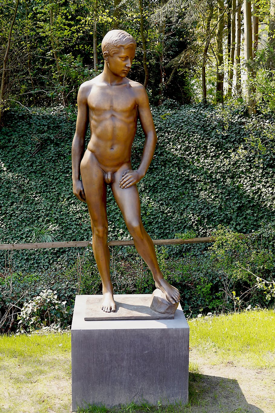 statue, bronze, young man, art, tourism, day, sculpture, plant, nature, tree