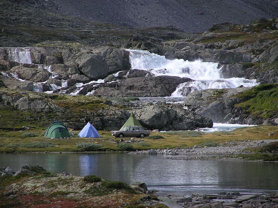 tent camp, koldå, jotunheimen, water, scenics - nature, beauty in nature, rock - object, nature, rock, mountain