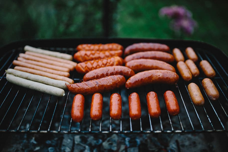 grill, Sausages, sausage, food, kielbasa, barbecue, cook, fire, flame, grilling