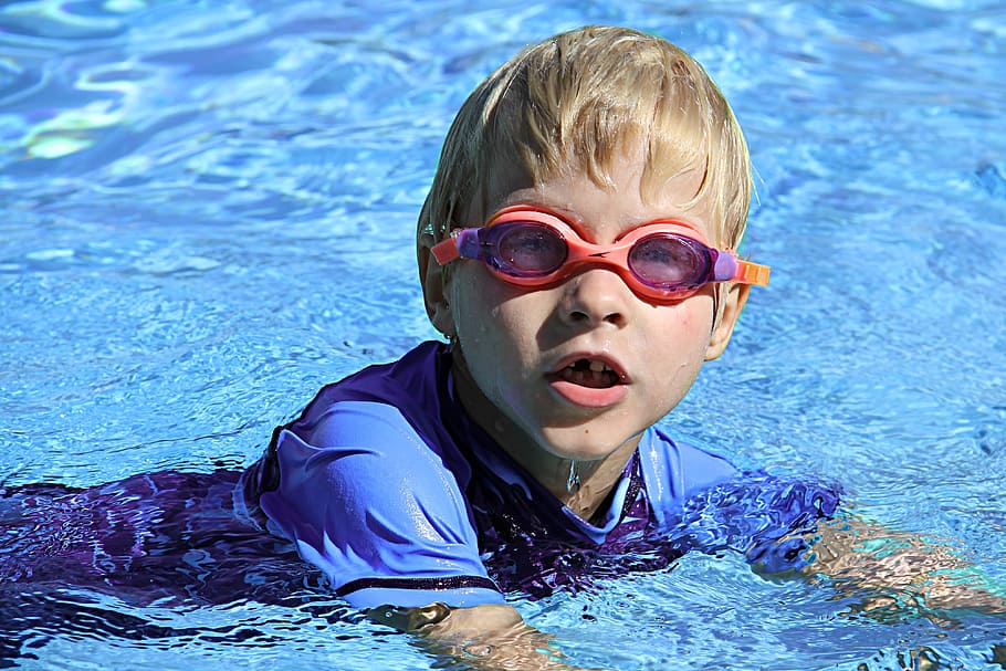 boy, wearing, swimming, goggles, body, water, daytime, lesson, swimming pool, swimmer