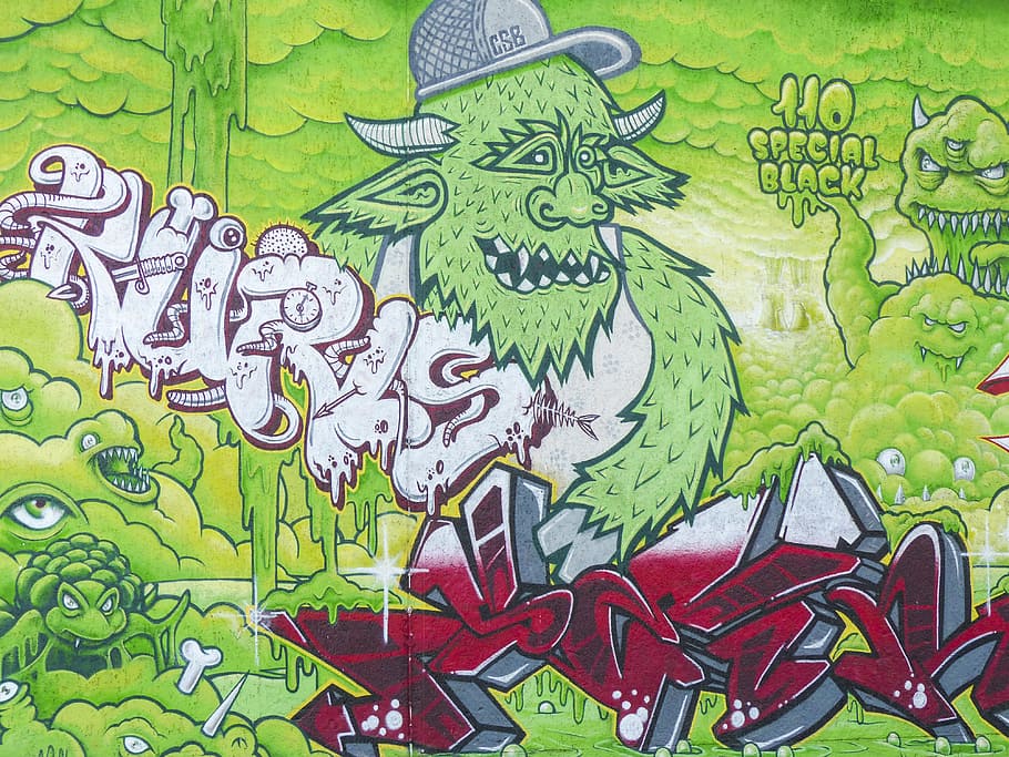 green, red, ogre artwork, graffiti, street, art, city, urban, building, wall