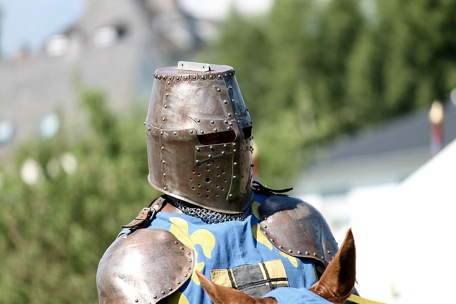 abad pertengahan, ksatria, berkuda, kuda, baju besi, helm, reiter, historis, logam, pertempuran