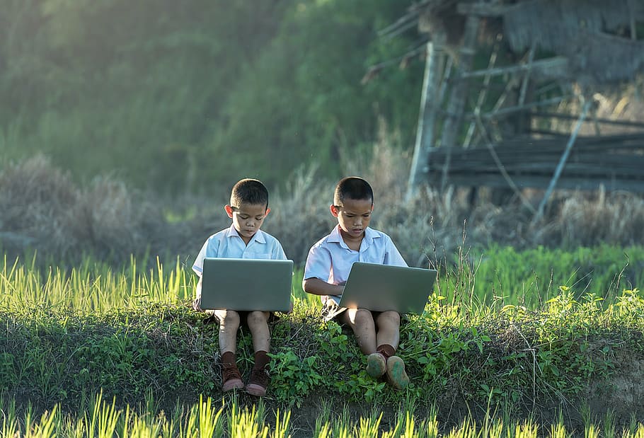 dos, niños, blanco, camisa de vestir, sentado, hierba, usando, computadoras portátiles, estudio de, computadora portátil