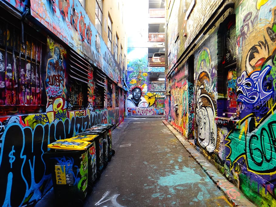 Alley, Backyard, City, hosierlane, grafitti, spray, street art, colorful, facade, art