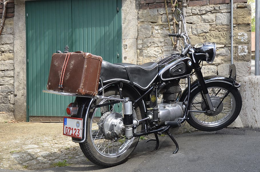 motorcycle, bmw, luggage, two wheeled vehicle, classic, motor, vehicle, oldtimer, old, nostalgia