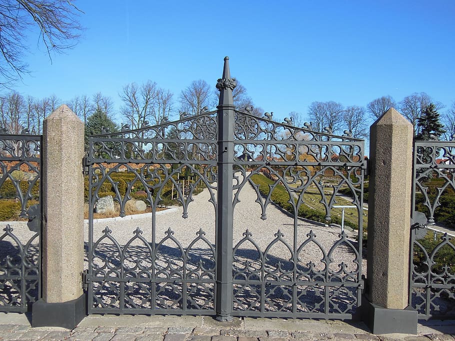 Wrought Iron, Iron Gates, Old, Fine, wrought iron gates, patterned, metal, cement poles, cemetery gates, grey