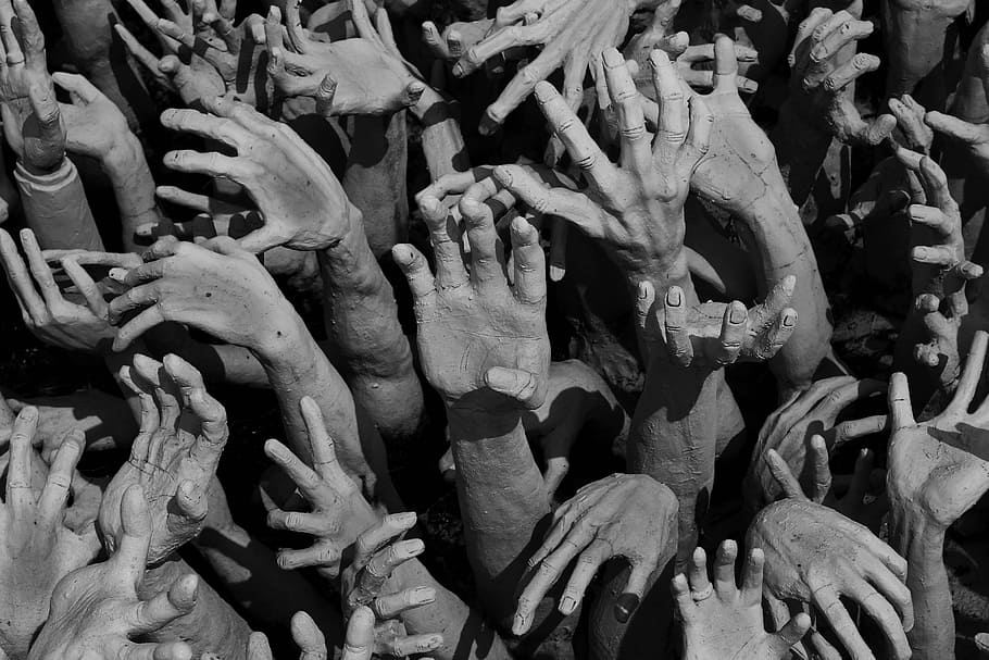 grayscale photo, hands, buddhist hell, thailand, religion, sculpture, ancient, symbol, tradition, buddhist