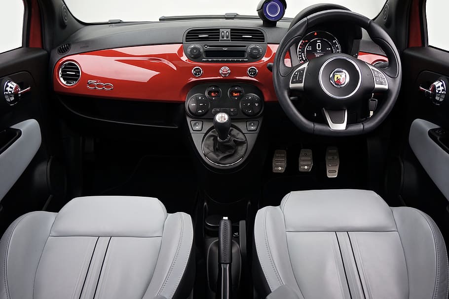 negro, rojo, vehículo, interior, Fiat, 500, coche, Italia, transporte, mini