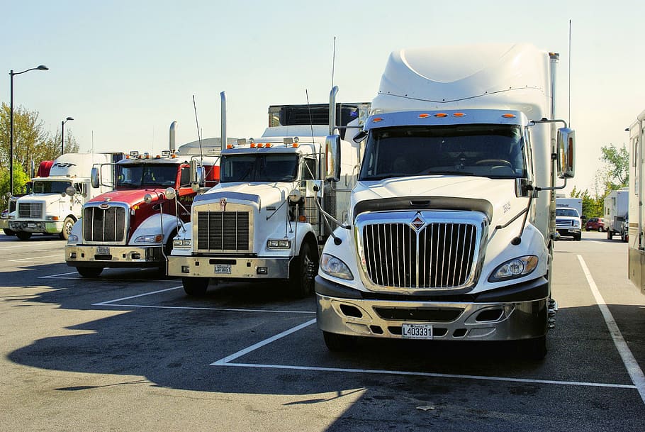 four, semi trailer trucks, canada, trucks, truck, transportation, mode of transportation, land vehicle, motor vehicle, semi-truck
