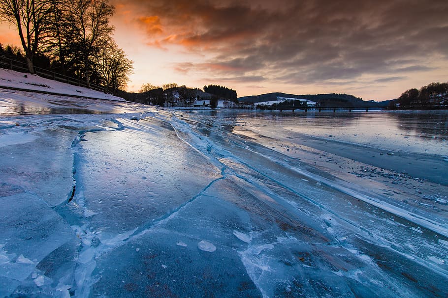 winter, ice, lake, cold, sunset, landscape, reservoir, icy, frost, frozen