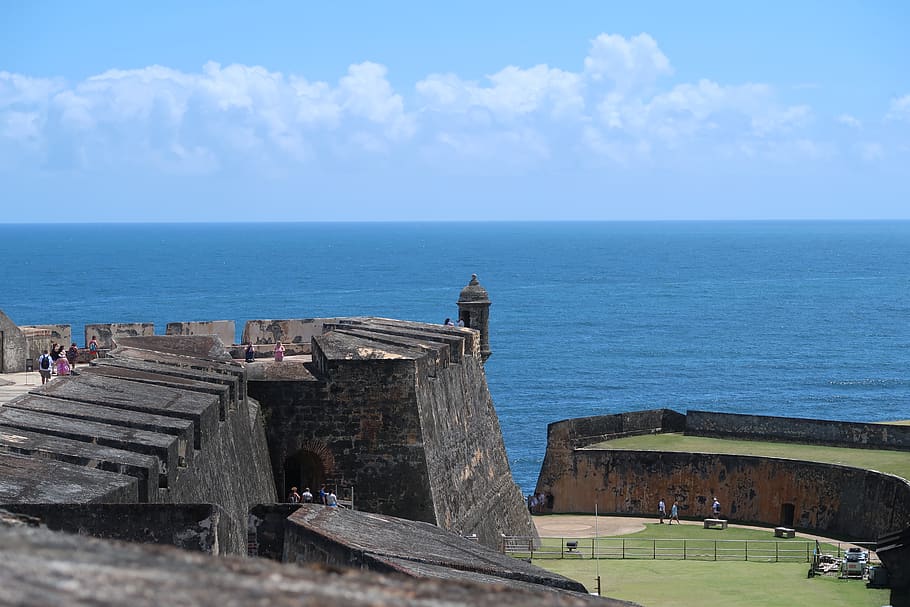 puerto rico, san juan, fort, wall, sky, sea, water, horizon over water, horizon, architecture