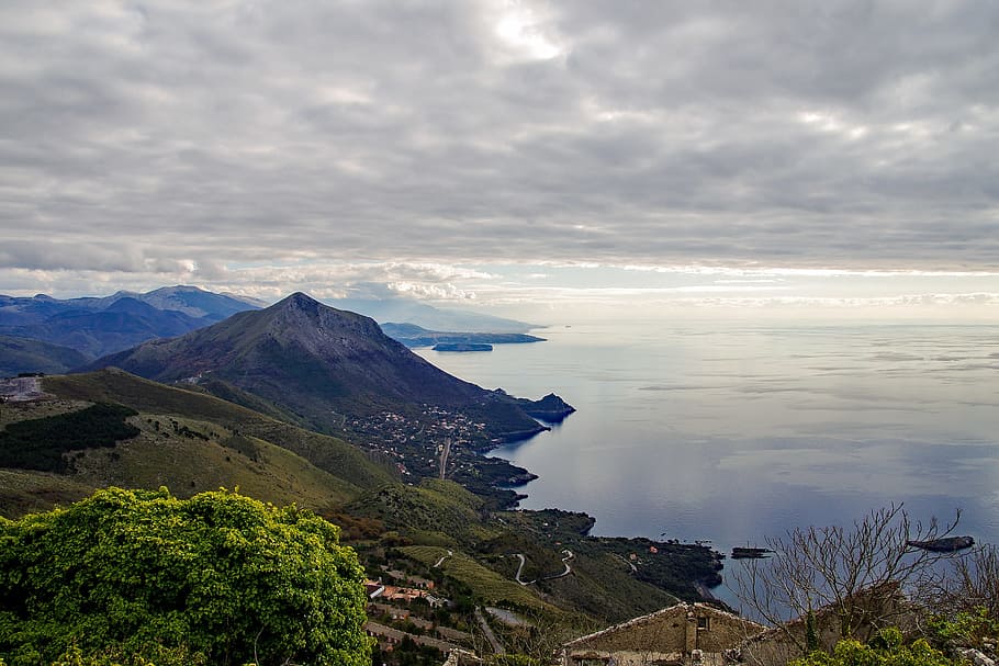 Maratea, Basilicata, Itália, Paisagem, mar, nuvens, natureza, névoa, azul, montanha