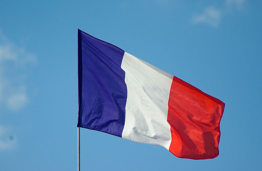 france flag, flag, french flag, france, nation, blue, patriotism, sky, low angle view, wind