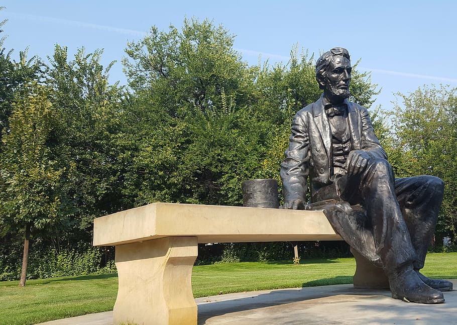 Abraham Lincoln, presidente, estatua, banco, gigante, escultura, bronce, parque, sombrero de copa, amigo