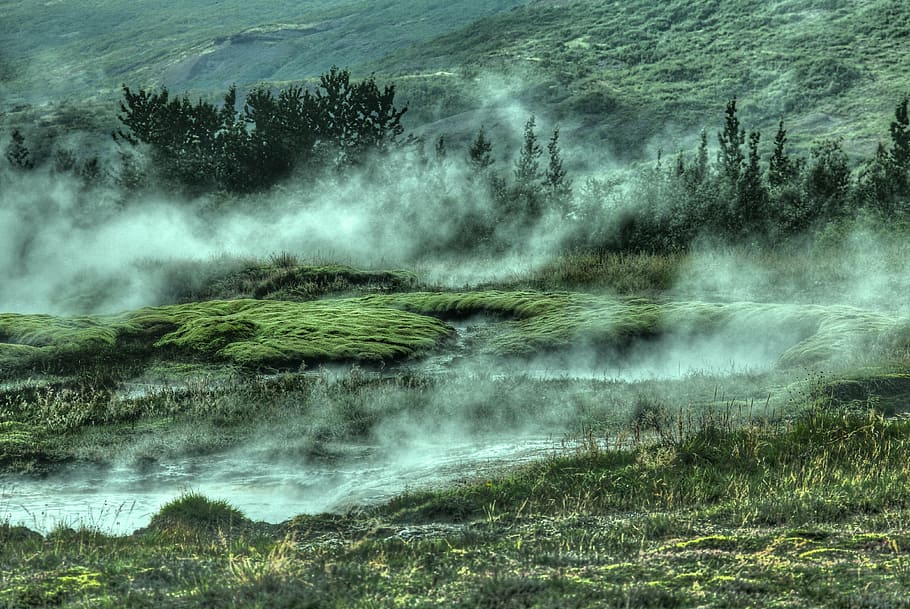 grass field, smoke, foggy, hillside, forest, mountain, fog, landscape, mist, scenery