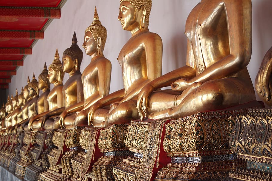 gautama statues, bangkok, buddha, gold, meditation, buddhism, thailand, asia, temple, southeast